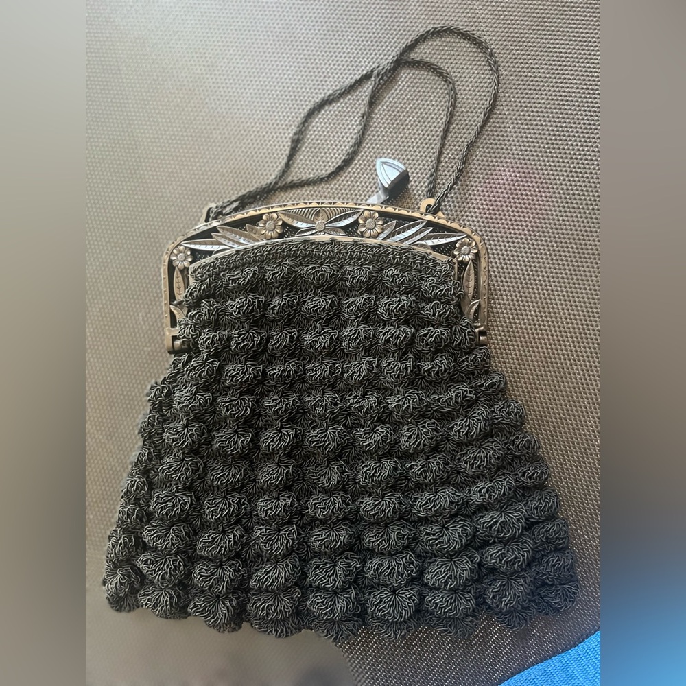 Black Lucite Vintage Style Woven Bag with strap. Small bag for formal events.